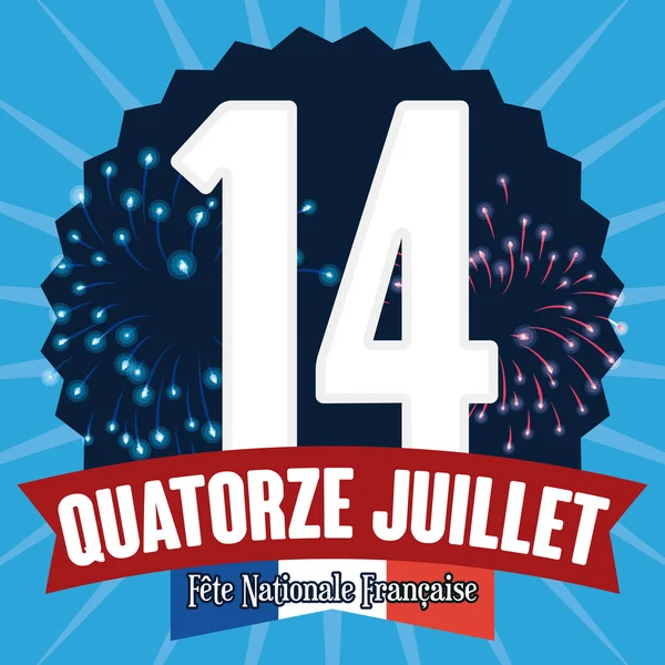 Label ter herdenking van de Franse onafhankelijkheid met vuurwerk, vectorillustratie — Stockvector