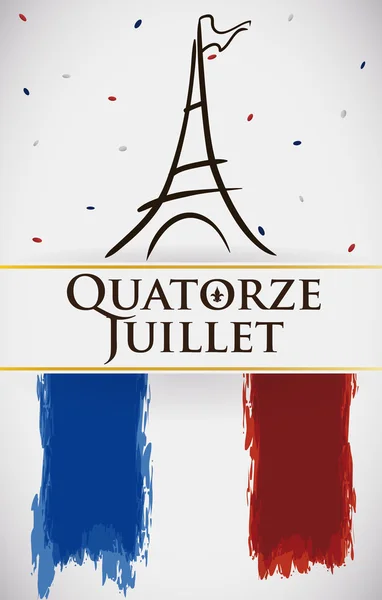 Postal con Torre Eiffel y bandera de Francia Recordatorio Fecha, Vector Ilustración — Vector de stock