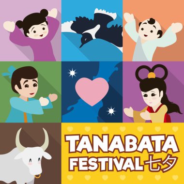 Poster şirin ikonik Tanabata karakterler, vektör çizim ile