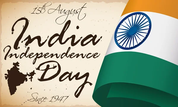 Patriotische Botschaft in Schriftrolle und Fahne zum indischen Unabhängigkeitstag, Vektorillustration — Stockvektor