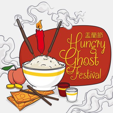 Cartoon Poster with Offerings to the Ancestors in Ghost Festival, Vector Illustration clipart