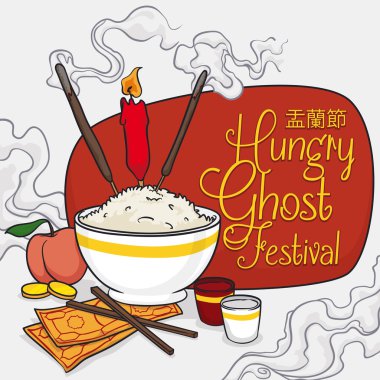 Cartoon Poster with Offerings to the Ancestors in Ghost Festival, Vector Illustration vector Cartoon Poster with Offerings to the Ancestors in Ghost Festival, Vector Illustration vector