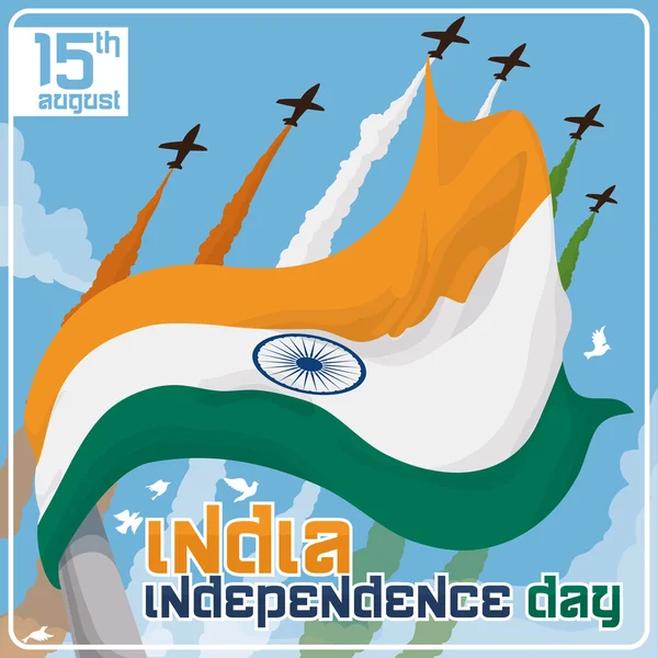 Fahnenschwenken Indiens bei Feier zum Unabhängigkeitstag mit Airshow, Vektorillustration — Stockvektor
