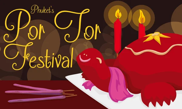 Banner med sköldpadda tårta att fira på Phuket Por Tor Festival, vektor Illustration — Stock vektor