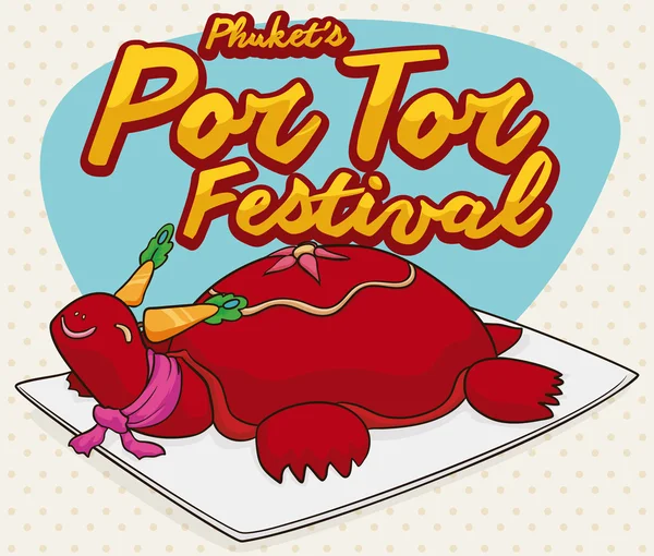 Tecknad affisch med sköldpadda tårta för Phukets Por Tor Festival, vektorillustration — Stock vektor
