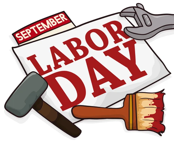 Banner con strumenti di lavoro per celebrare il Labor Day, illustrazione vettoriale — Vettoriale Stock