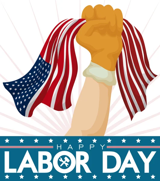 Гордый рабочий кулак с американским флагом, отмечающий День труда, векторная иллюстрация — стоковый вектор