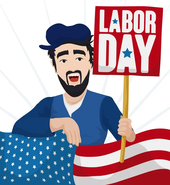 Worker Man and American Flag Celebrating Labor Day, Vector Illustration — Stock Vector