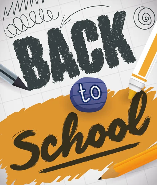 Back to School Message with Pen, Eraser and Marker, Vector Illustration — Stock Vector