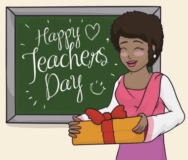 Sınıf öğrencileri, vektör çizim ile mutlu kadın öğretmen kutluyor