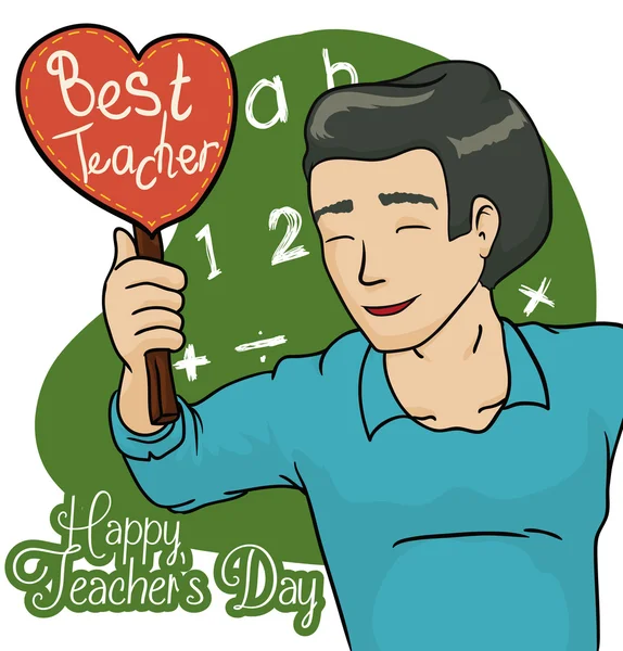 Opvoeder met een geschenk van zijn studenten vieren Teacher's Day, vectorillustratie — Stockvector