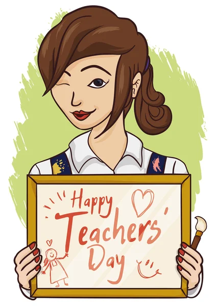 Vrouwelijke kunst leraar viert haar dag met cadeau van haar studenten, vectorillustratie — Stockvector