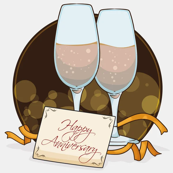 Elegante par de copas de vino con tarjeta de felicitación para aniversario, ilustración vectorial — Archivo Imágenes Vectoriales