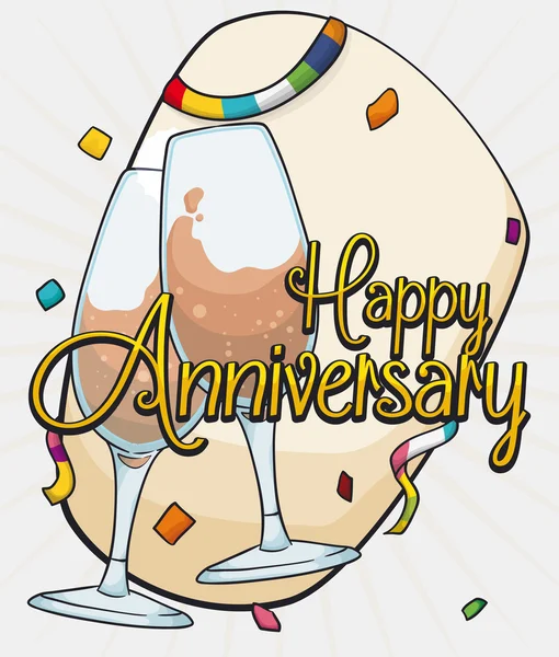 Diseño del aniversario con copas de vino Tostadas, Confetti y Streamers, ilustración vectorial — Archivo Imágenes Vectoriales