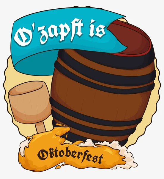 Tappatura tradizionale del barilotto per iniziare l'Oktoberfest, illustrazione vettoriale — Vettoriale Stock