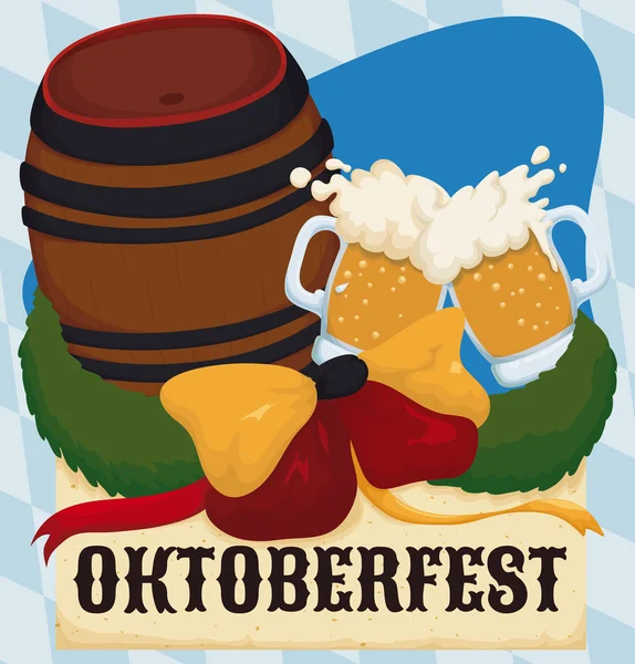 Diseño conmemorativo para Oktoberfest con barril y tostadas, ilustración vectorial — Vector de stock