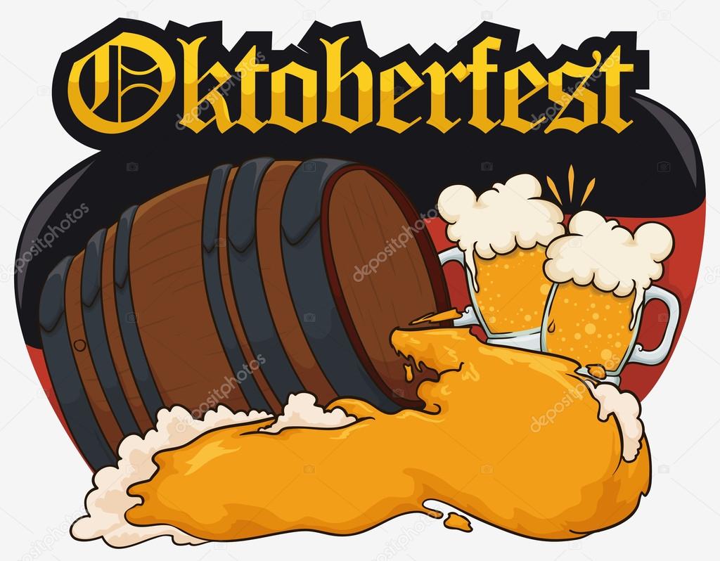 Design for Oktoberfest with Beer Barrel, Cheers forming Germany Flag, Vector Illustration