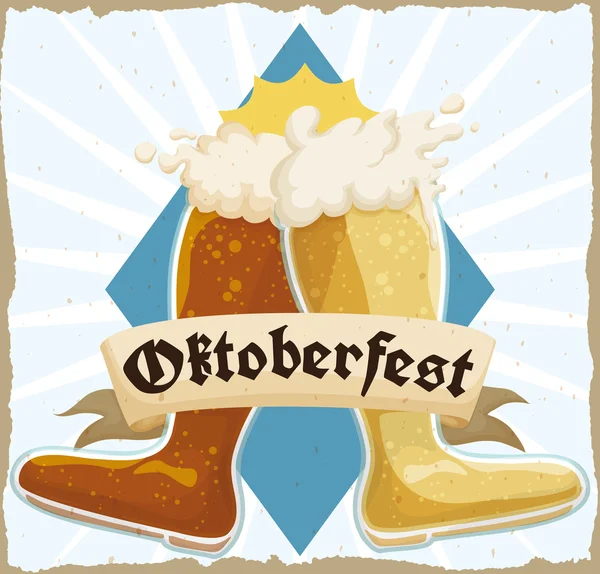 Poster retrò con doppio brindisi di avvio della birra nella celebrazione dell'Oktoberfest, illustrazione vettoriale — Vettoriale Stock