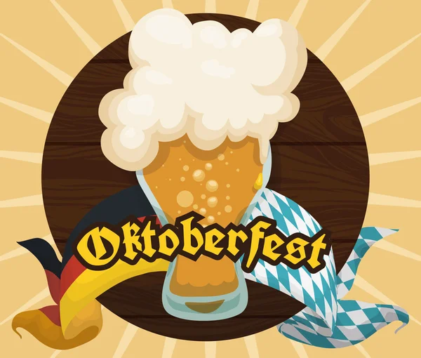 Poster con rubinetto in legno e birra schiumosa per la celebrazione dell'Oktoberfest, illustrazione vettoriale — Vettoriale Stock