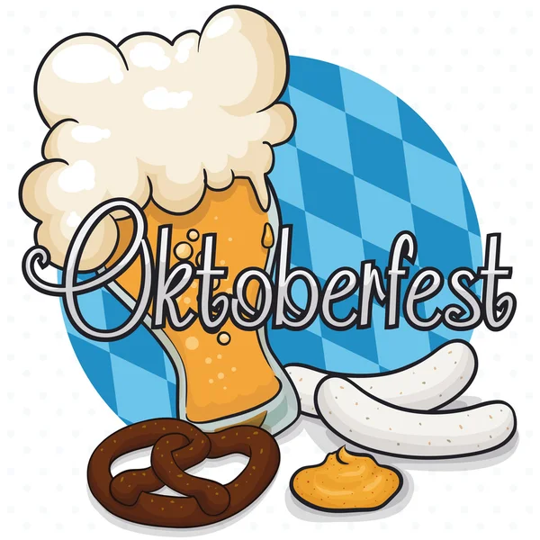 Affisch med några Oktoberfest traditionella livsmedel och öl, vektor illustration — Stock vektor