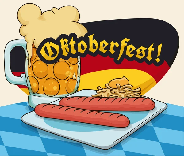 Wurstel ή Viena Λουκάνικο και Frothy Beer Snack για Oktoberfest, Vector Illustration — Διανυσματικό Αρχείο