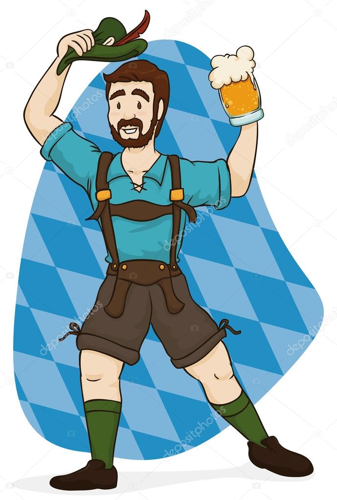 Bavarian Man with Lederhosen Clothes Celebrating Oktoberfest, Vector
