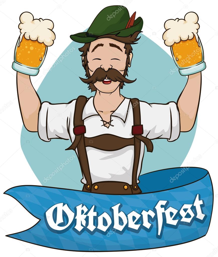 Happy Bavarian Man Celebrating Oktoberfest with Beer, Vector Illustration