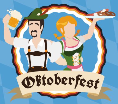 Oktoberfest sırasında Geleneksel Bavyera Çift İçme ve Yeme, Vektör İllüstrasyon
