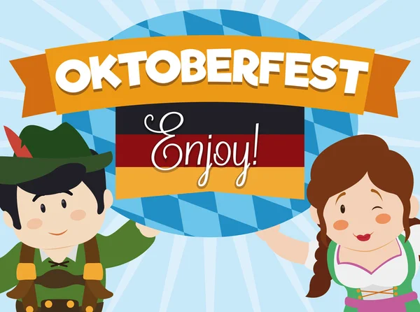 Affisch med tecknad söt par firar Oktoberfest, vektor illustration — Stock vektor