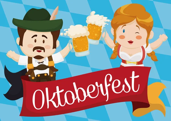 Pareja tradicional bávara brindando con cerveza en Oktoberfest, ilustración vectorial — Vector de stock