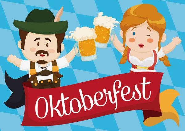 Torréfaction traditionnelle de couple bavarois avec bière à Oktoberfest, Illustration vectorielle — Image vectorielle