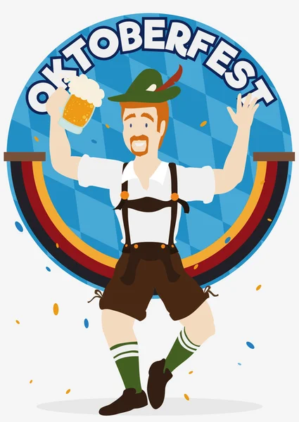 Happy Bavarian Celebrating the Oktoberfest with Confetti, Vector Illustration — Stock Vector