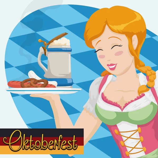 Empregada de mesa bávara feliz em Dirndl trabalhando no evento Oktoberfest, ilustração vetorial — Vetor de Stock