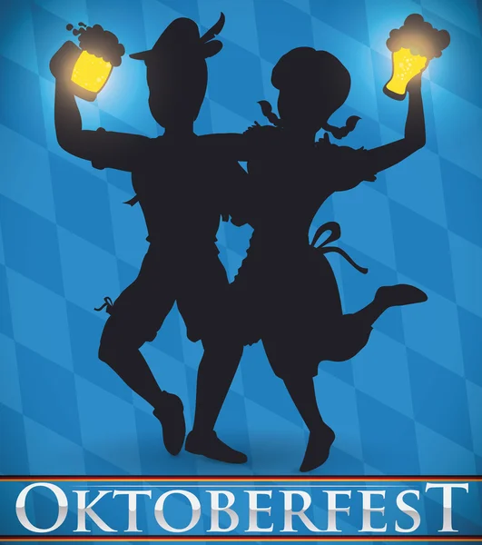 Silhouette di coppia Celebrare con birra in Oktoberfest, Illustrazione vettoriale — Vettoriale Stock