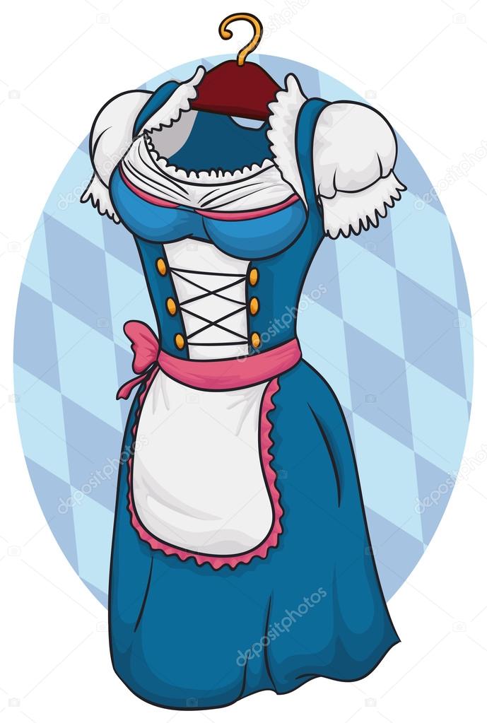 Traditional Dirndl Dress in a Hanger for Oktoberfest Celebration, Vector Illustration