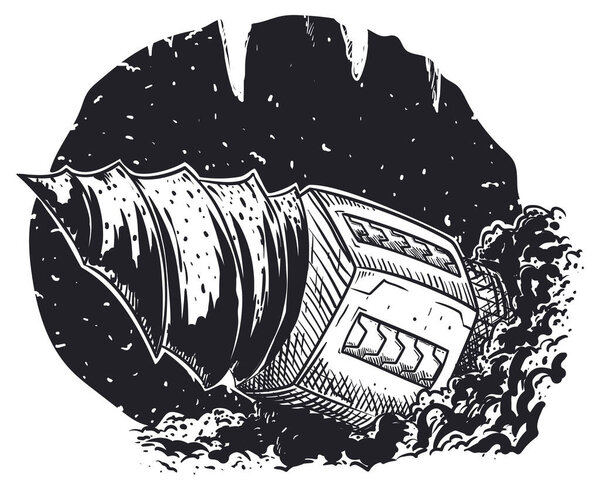 Dig machine with big drill, shattering rocks in its way to the surface.