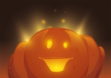 Gülen yüz ve ışık oyulmuş mutlu balkabağı Cadılar Bayramı gecesini aydınlatıyor..