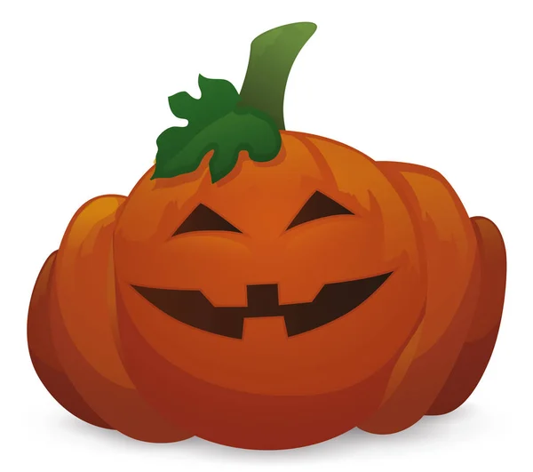 Grinsender Kürbis Mit Stiel Und Blatt Der Ein Fröhliches Halloween — Stockvektor