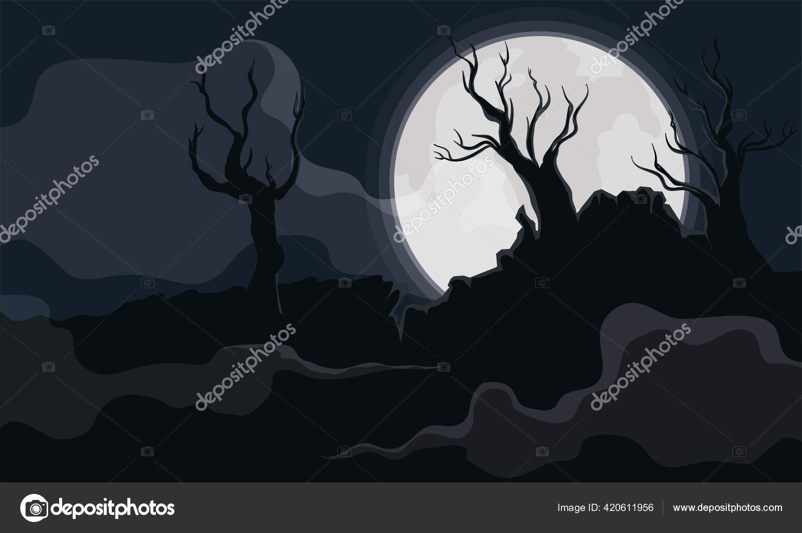 Облачно Жутко Ночь Над Темным Лесом Сухими Деревьями Туман Полная.