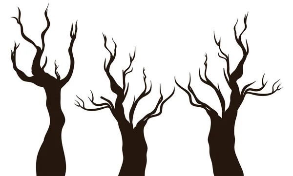 Trzy Sylwetki Śmierci Suchych Drzew Odizolowane Białym Tle — Wektor stockowy