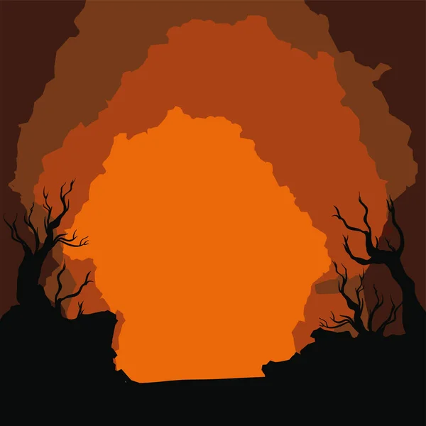 Podivný Oranžový Pohled Západ Slunce Strašidelnými Suchými Stromy Kolem Silnice — Stockový vektor