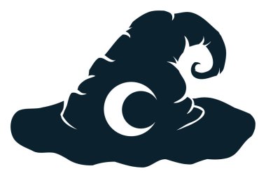 Buruşuk büyücü şapkası silueti ay ile süslenmiş, beyaz arka planda izole edilmiş..