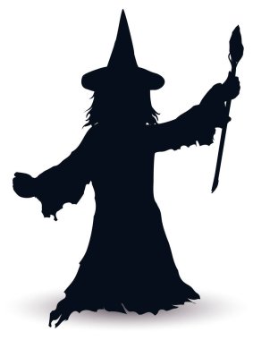Sihirli değnekli, sivri şapkalı, beyaz arka planda izole bir büyücü silueti..