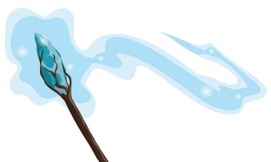 Özel ağaçlardan yapılmış sihirli değnek ve beyaz arka planda izole edilmiş kuyruklu ve parıltılı pırıltılı mücevher..