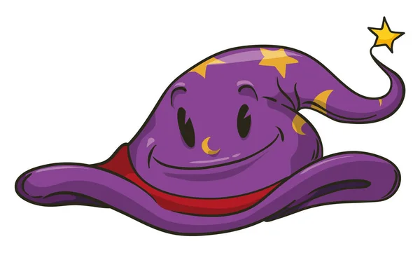 Sombrero Mago Sonriente Púrpura Con Patrón Estrellado Diadema Roja Aislado — Vector de stock