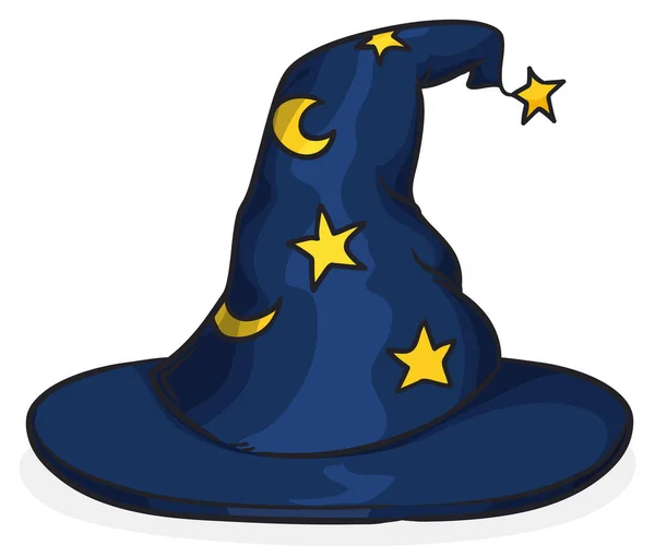 Sombrero Mago Azul Decorado Con Patrón Estrellado Lunas Estilo Dibujos — Archivo Imágenes Vectoriales