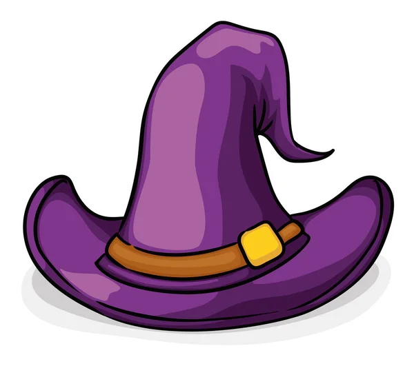 Sombrero Bruja Púrpura Con Banda Cuero Hebilla Dorada Estilo Dibujos — Vector de stock