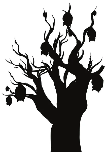 Odizolowana Ciemna Sylwetka Uschniętego Drzewa Zawieszonymi Nietoperzami Białym Tle — Wektor stockowy