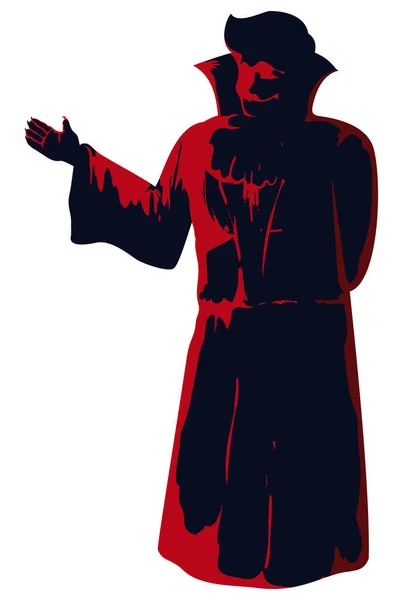 チュニック ケープ ラペル 襟と鋭い爪を身に着けている古典的な吸血鬼の生き物の暗いシルエットは 白い背景に隔離された — ストックベクタ