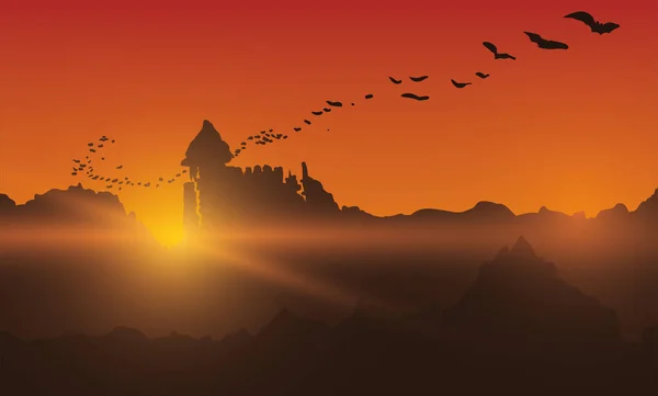 それから来るコウモリの群れと古代の城の上に夕日の景色を持つバナー — ストックベクタ